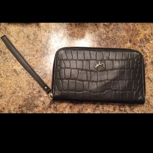 Velez Genuine Leather Faux Croc Wallet Wristlet Black & Gold-tone Hardware